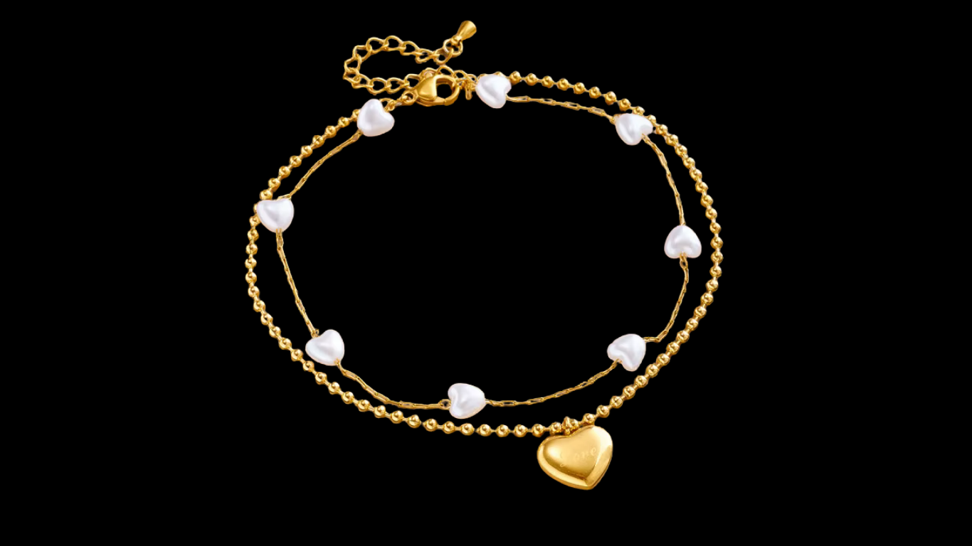 18K Gold-Plated Double-Layer Heart & Pearl Anklet | Wild & Nourished Jewellery