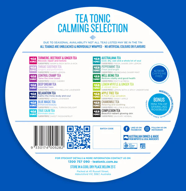 Calming Selection Round Tin - 40 Calming Gourmet Tea + Mini Tin of Sparkling Rosebuds