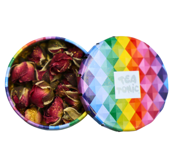 Calming Selection Round Tin - 40 Calming Gourmet Tea + Mini Tin of Sparkling Rosebuds