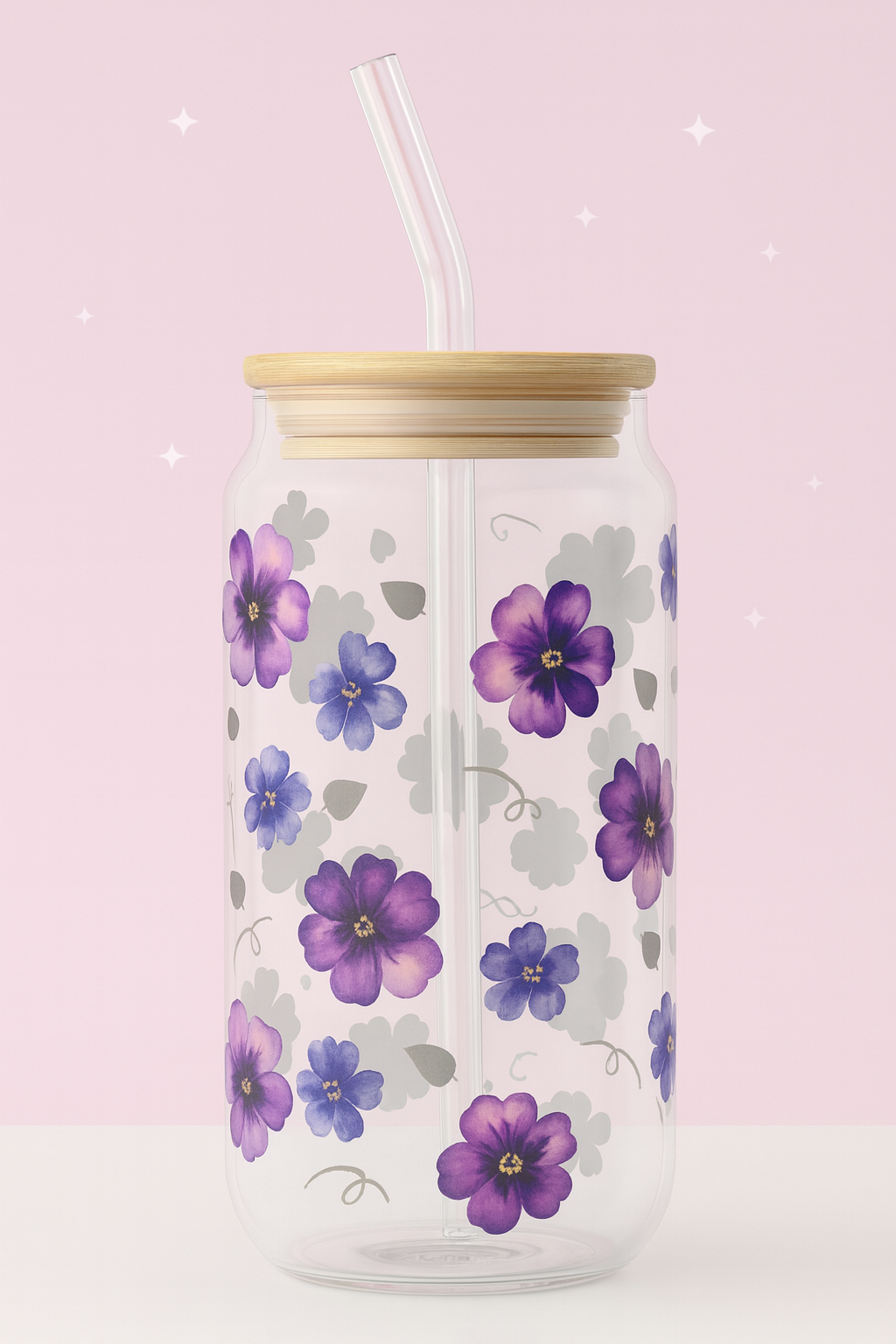 Violet Bloom 16oz Glass with Bamboo Lid & Straw | Wild & Nourished