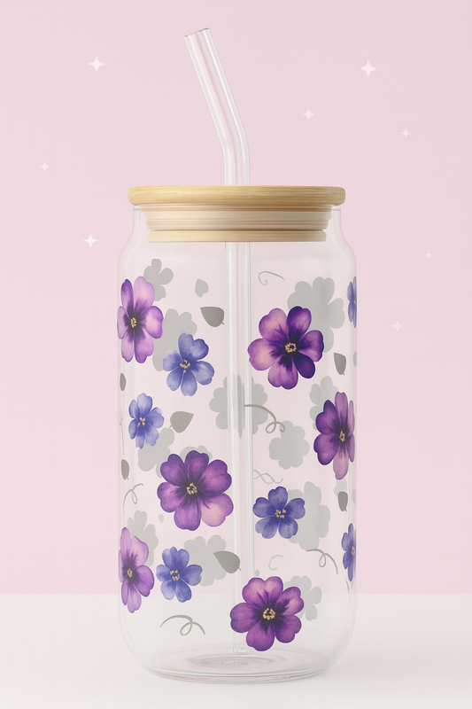 Violet Bloom 16oz Glass with Bamboo Lid & Straw | Wild & Nourished