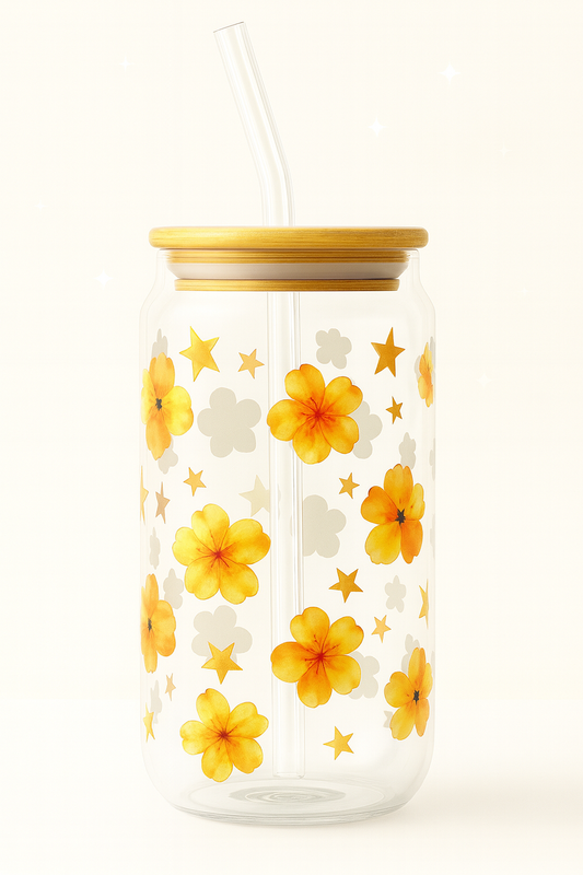 Sunshine Bloom 16oz Glass with Bamboo Lid & Straw | Wild & Nourished