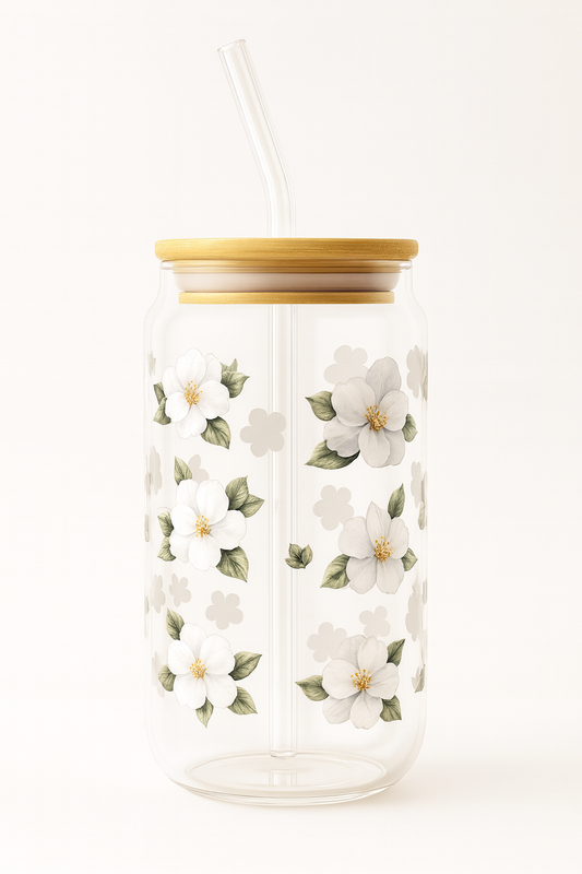 Winter Bloom 16oz Glass with Bamboo Lid & Straw | Wild & Nourished