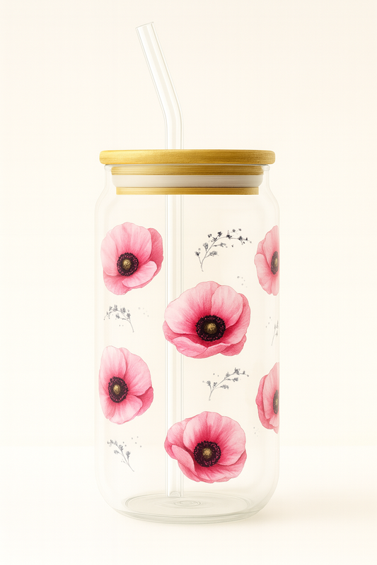 Poppy Bloom 16oz Glass with Bamboo Lid & Straw | Wild & Nourished