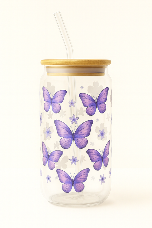 Violet Butterfly 16oz Glass with Bamboo Lid & Straw | Wild & Nourished