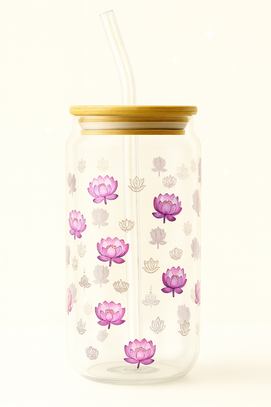 Lotus Bloom 16oz Glass with Bamboo Lid & Straw | Wild & Nourished