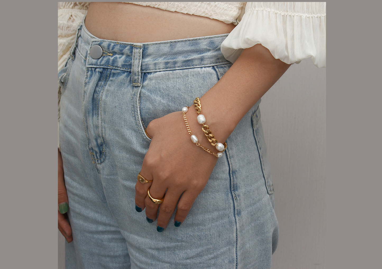 Product Name: Freshwater Pearl Charm Bracelet | 18K Gold-Plated 6 mm Cuban Chain | Wild & Nourished Jewellery
