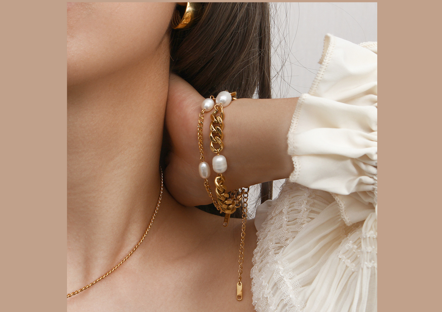 Product Name: Freshwater Pearl Charm Bracelet | 18K Gold-Plated 6 mm Cuban Chain | Wild & Nourished Jewellery