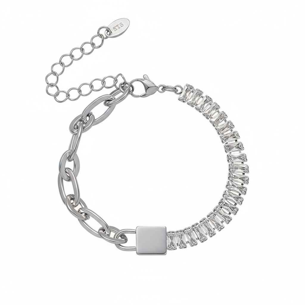 Silver Zircon Lock Chain Bracelet